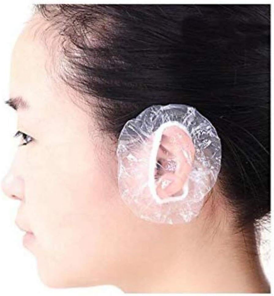 100 PCS Disposable Soft and Environment-friendly Plastic Transparent Hairdressing Ear Caps Coloring Waterproof Ear Cover Shield Protector Elastic Shower Ear Caps for Salon Home Use