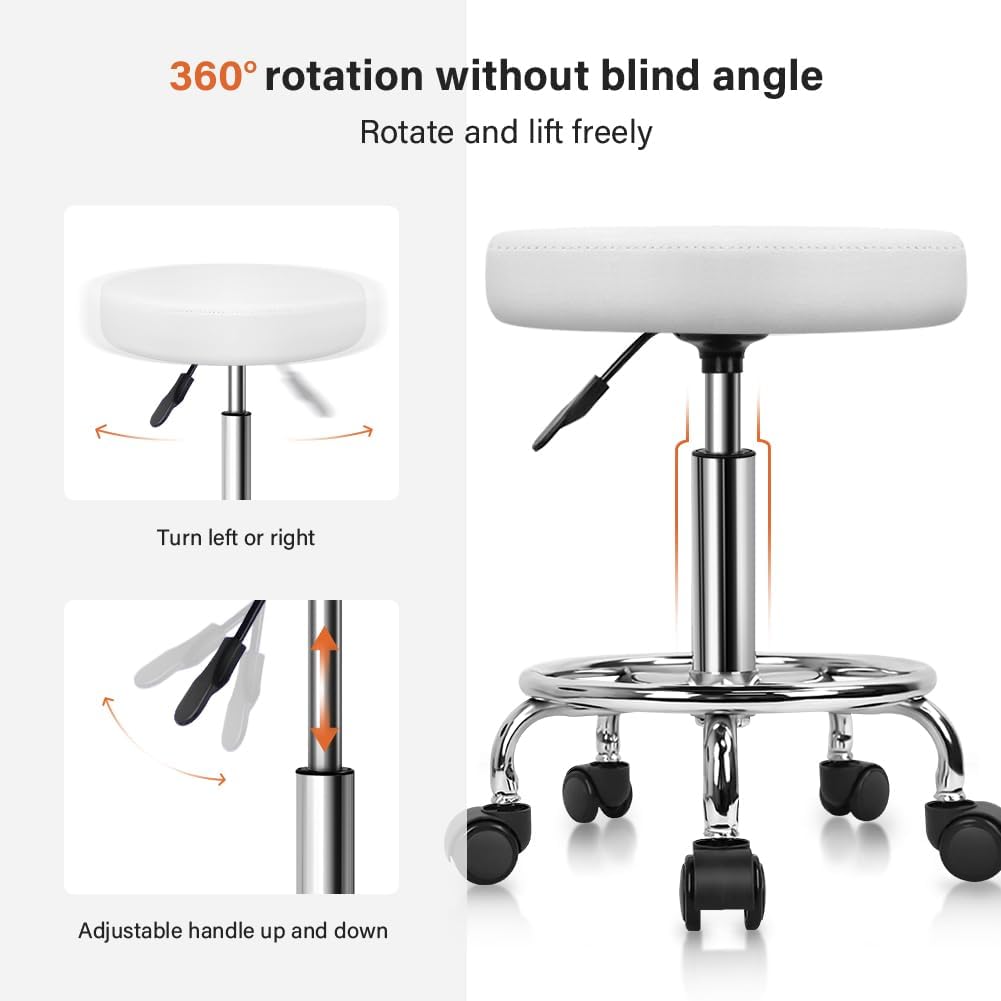 PU Leather Round Rolling Stool with Foot Rest Swivel Height Adjustment Spa Drafting Salon Tattoo Work Office Massage Stools Task Chair White Small (White)