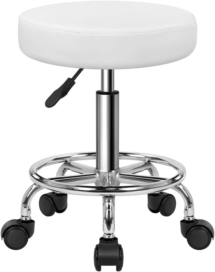 PU Leather Round Rolling Stool with Foot Rest Swivel Height Adjustment Spa Drafting Salon Tattoo Work Office Massage Stools Task Chair White Small (White)