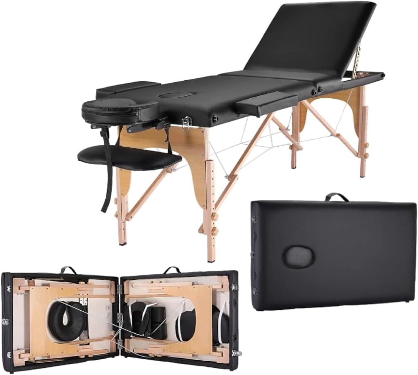 Professional 84" Portable Massage Table With Carry Bag - 3-Part Folding Adjustable Sturdy Wide Wooden Frame for Spa, Facial Care, Lash, Beauty, Tattoo Salon - Black
