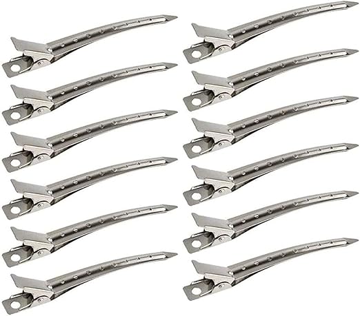 HotsUAE 12 Packs Duck Bill Clips, 9cm Rustproof Metal Alligator Curl Clips with Holes for Hair Styling, Hair Coloring, Silver