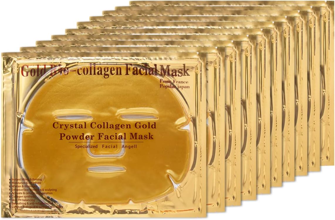 Collagen Facial Masks (10-Pc) - Vegan Gold Facial Mask - Anti Aging ,Puffiness, Moisturizing, Deep Tissue Rejuvenation and Hydrates Skin