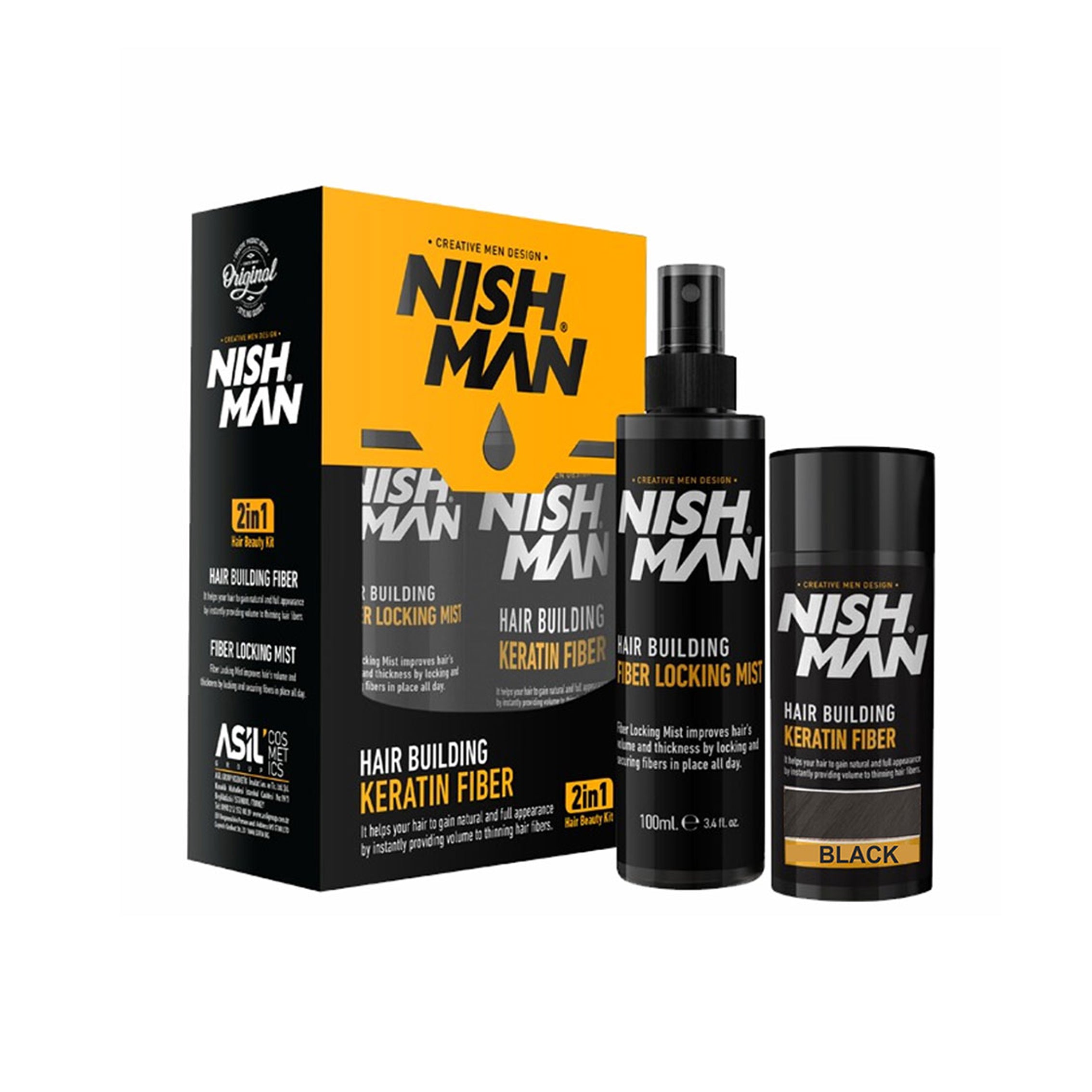 Nishman Hair Building Keratin Fiber & Locking Mist Spray Set // Black 20 gr + 100 ml