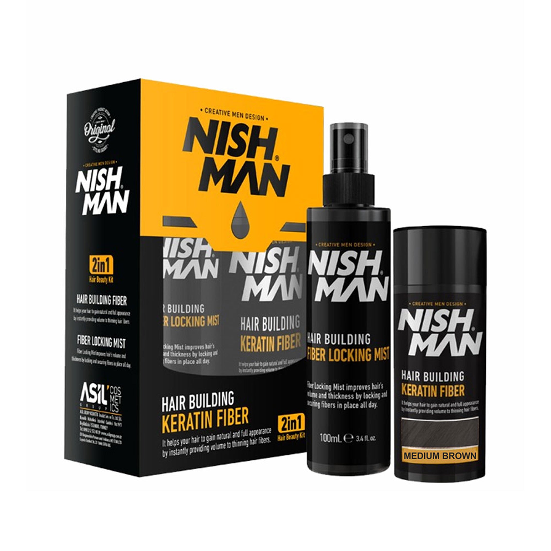 Nishman Hair Building Keratin Fiber & Locking Mist Spray Set // Medium Brown 20 gr + 100 ml